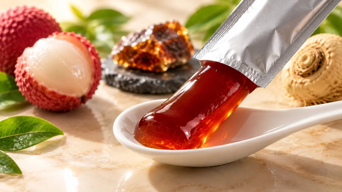 Jeli Enerjit, batang jeli rasa Red Lychee dipicit dari sachet