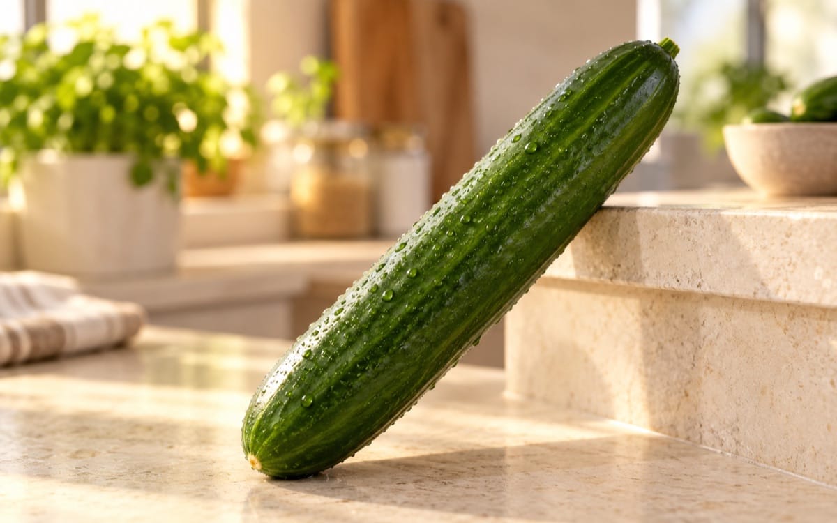 Timun segar yang lurus dan tegap sebagai metafora ketegangan untuk kad Morning Wood