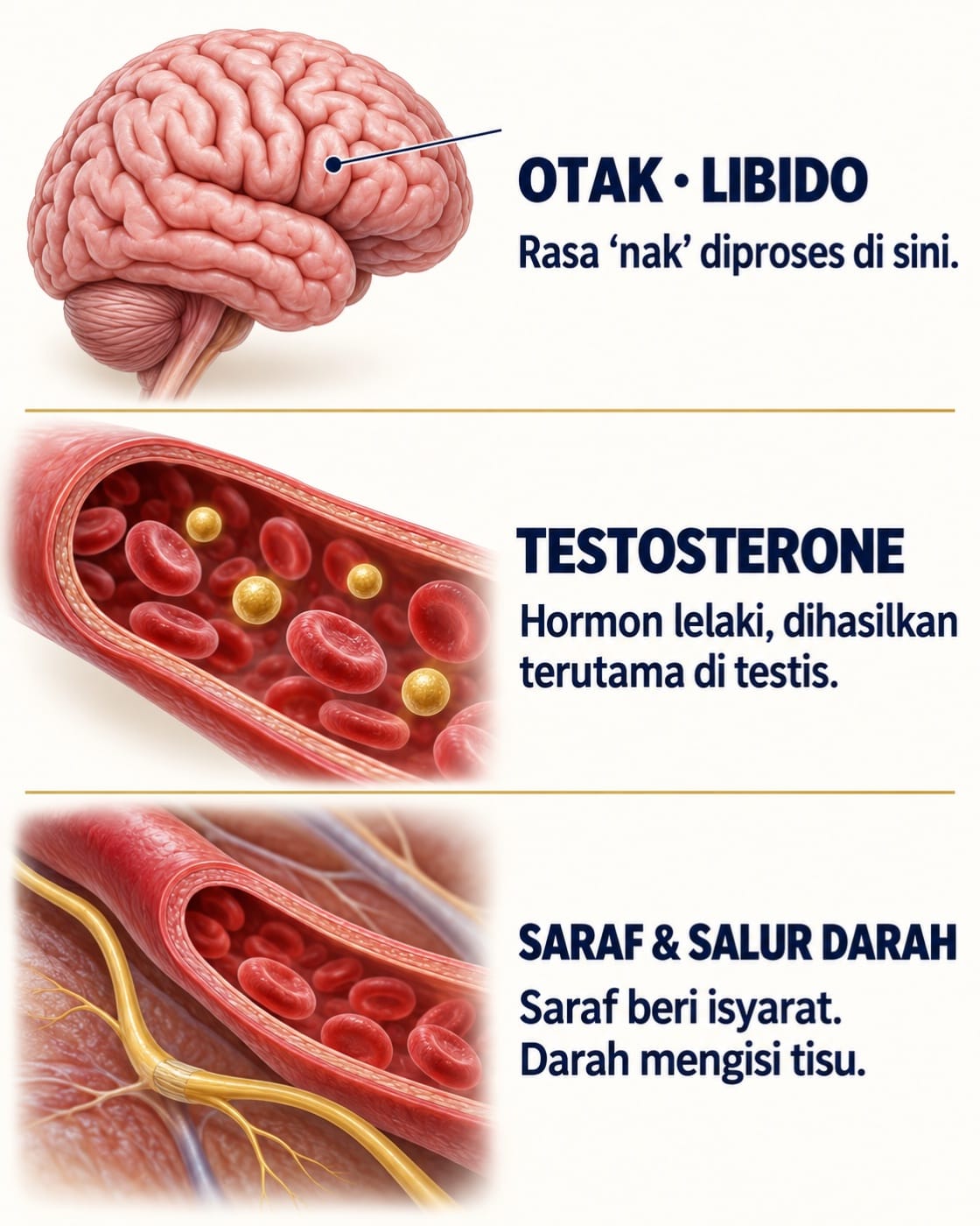 Ilustrasi fungsi badan: otak memproses rasa nak; testosterone dihasilkan terutama di testis; saraf memberi isyarat dan darah mengisi tisu. Hormon digambarkan secara simbolik dalam darah, bersama ilustrasi salur darah dan saraf.