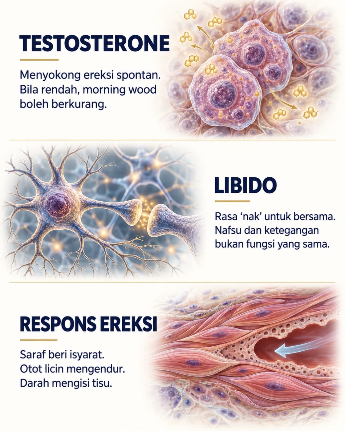 Ilustrasi berselang kiri dan kanan: sel penghasil hormon untuk testosterone, jaringan saraf untuk libido, dan otot licin bersama ruang vaskular untuk respons ereksi. Testosterone menyokong ereksi spontan; libido ialah rasa nak; respons ereksi melibatkan isyarat saraf, otot licin mengendur dan pengisian darah.