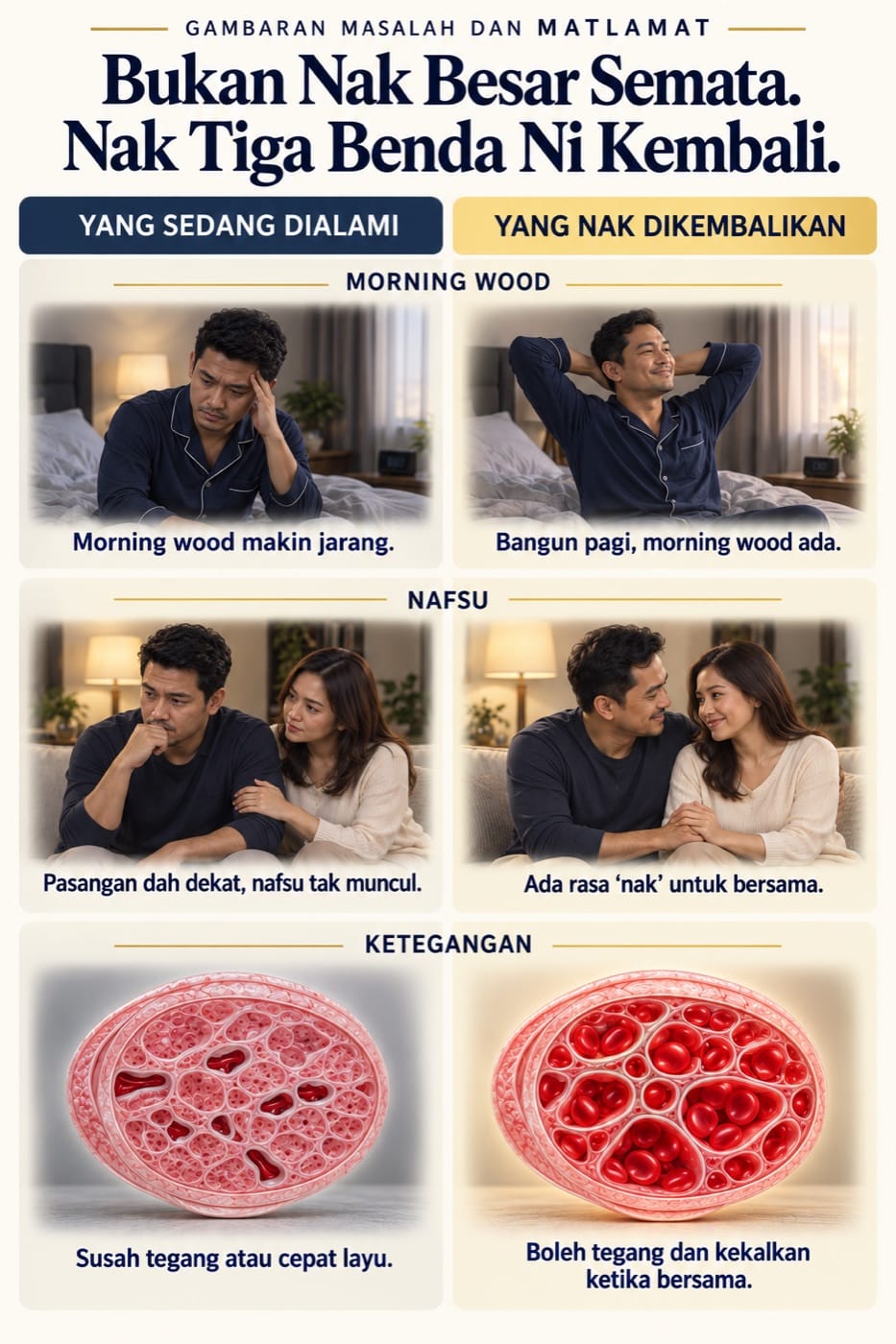 Perbandingan masalah yang sedang dialami dan matlamat yang dicari: morning wood makin jarang berbanding morning wood ada ketika bangun pagi; nafsu tidak muncul ketika pasangan dekat berbanding ada rasa nak untuk bersama; susah tegang atau cepat layu berbanding boleh tegang dan kekalkan ketika bersama. Gambar pasangan dan rajah tisu ialah ilustrasi, bukan pengalaman pengguna Enerjit sebenar.