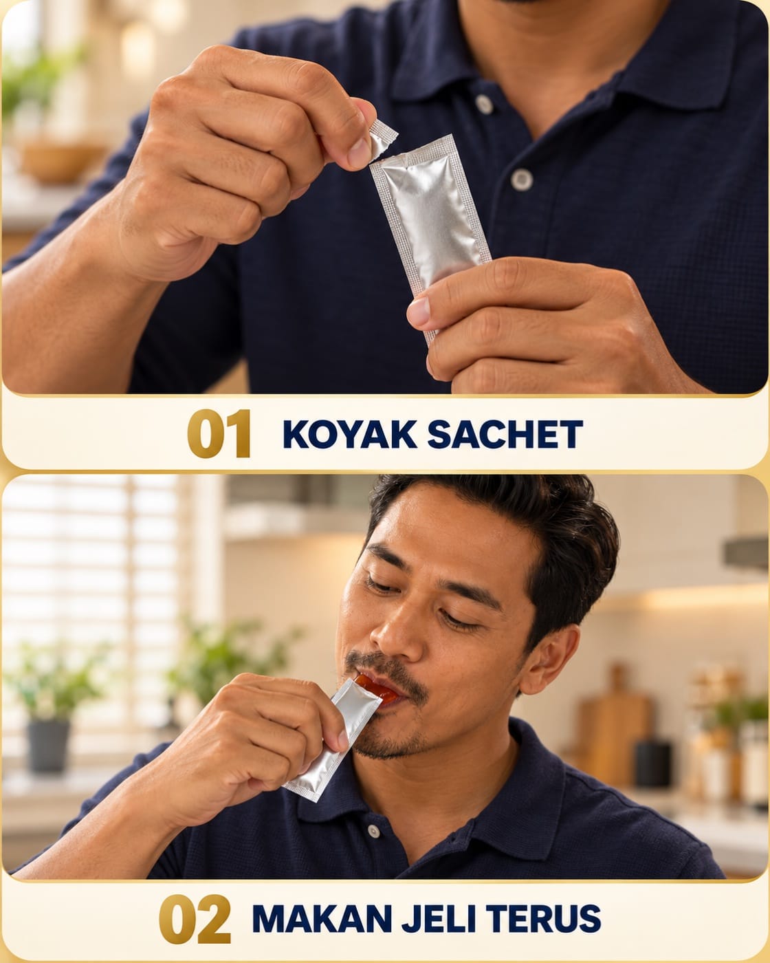 Dua aksi mengambil jeli: 01 tangan mengoyak hujung sachet perak, 02 lelaki berbaju polo navy makan jeli terus daripada sachet yang dibuka.