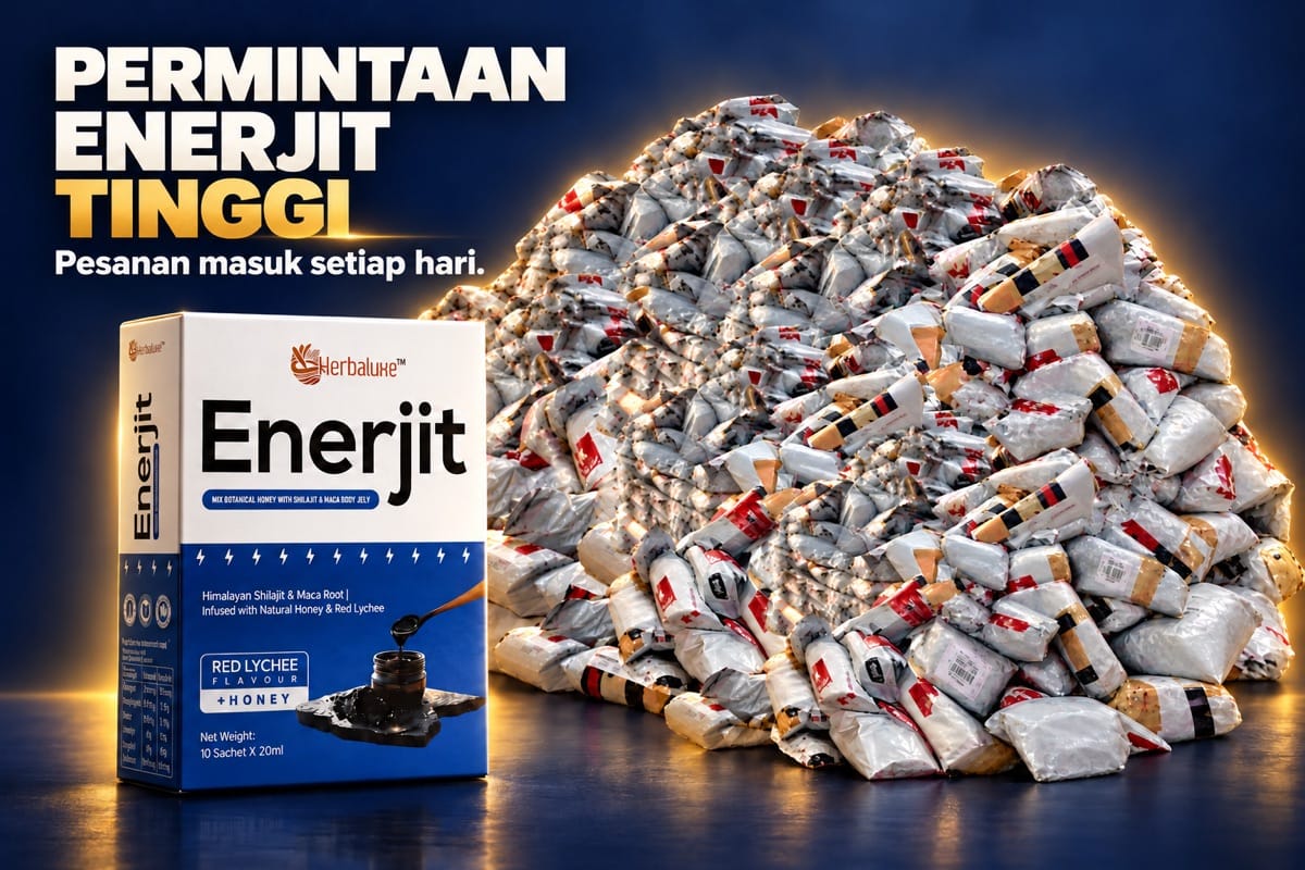 Komposit grafik navy dan emas: kotak Enerjit di hadapan timbunan parcel, dengan tulisan Permintaan Enerjit Tinggi dan Pesanan masuk setiap hari.